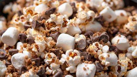 Delicious close up of Smores popcorn with mini marshmallows, chocolate and graham cracker crumbsの素材