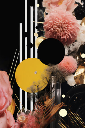 stylish collage features flowers, geometric shapes, and bold colors to celebrate New Years Eveの素材