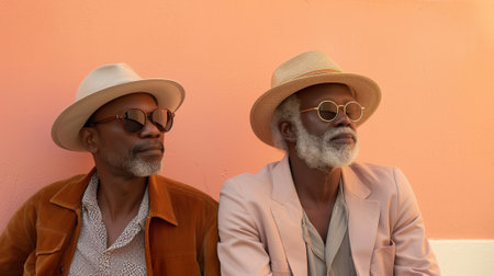 Multiracial friends or gay couple enjoying a summer day in Europe with vibrant backgrounds.の素材