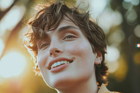 A cheerful androgynous man smiles warmly with a soft summer glow behind himの素材