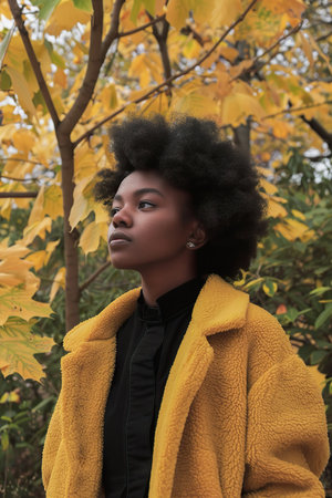 Cozy autumn look with a black female model surrounded by vibrant fall foliageの素材