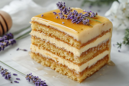 A slice of honey lavender cake garnished with fresh lavender and honey drizzleの素材