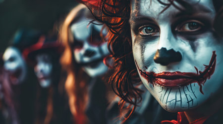 People celebrate Halloween at a costume party with spooky face paint and festive decor.の素材