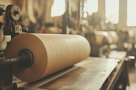 Roll of paper being processed on machinery in a manufacturing facility during daylight hoursの素材