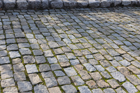 Cobblestone Road Pavement with Moss Between Stones in Sunlit Street.の写真素材
