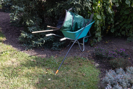 Garden Tools and Wheelbarrow in a Lush Greenery Settingの写真素材