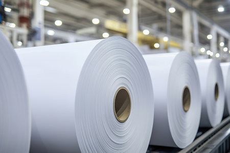 Large Rolls of Paper in Industrial Factory Setting for Production and Manufacturing.の素材