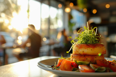 Delicious gourmet dish showcased in a modern restaurant with vibrant natural light.の素材
