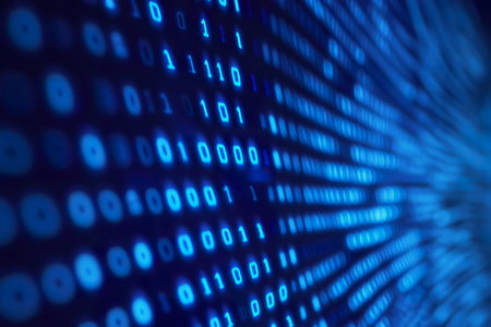 Futuristic digital binary code background in blue light.の素材