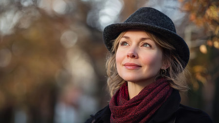 Woman in hat enjoying autumn outdoors with sunlight and nature.の素材