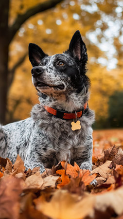 Australian cattle dog enjoying a colorful autumn day in the park surrounded by fallen leaves.の素材