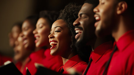A lively group of singers with diverse backgrounds engages passionately in choral performanceの素材