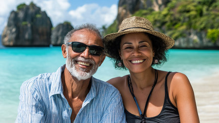Joyful mature multiracial couple enjoying beach day on sunny tropical island.の素材