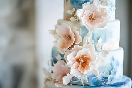 A stunning wedding cake with artistic watercolor patterns and beautiful floral accentsの素材
