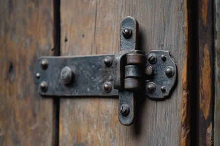 Rustic iron hinge on weathered wooden door close up.の素材