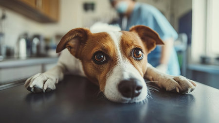Cute dog at veterinary clinic exam table looking sad and anxious.の素材