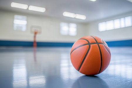 basketball on the gym floor with blurred background of basketball hoop.の素材