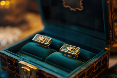 Close up view of exquisite Art Deco cufflinks displayed in an elegant velvet box.の素材