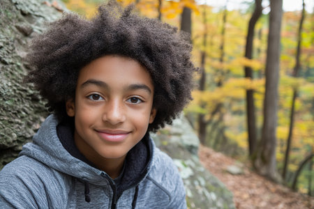 A cheerful young boy poses against a rocky backdrop in autumn forest.の素材