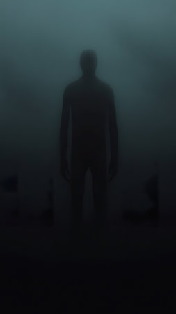 A dark figure stands in thick fog, creating an eerie atmosphere in low lightの素材