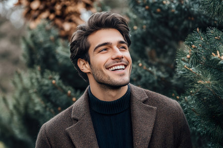 Young man enjoys joyful moment surrounded by lush greenery and natural beauty.の素材