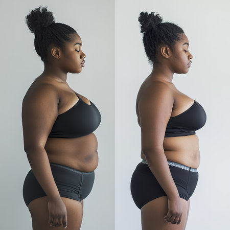 Young woman shows inspiring weight loss transformation from side view.の素材