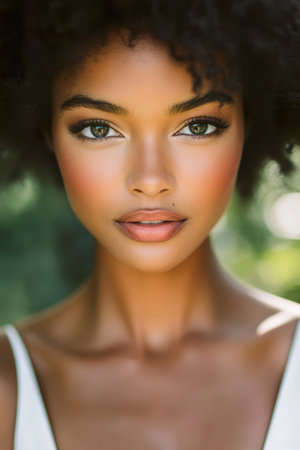 A stunning multiracial bride shines in her beautiful wedding dress before the ceremonyの素材