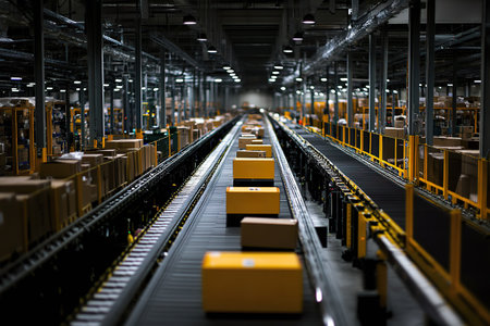 Automated sorting equipment operates efficiently in a busy distribution center.の素材