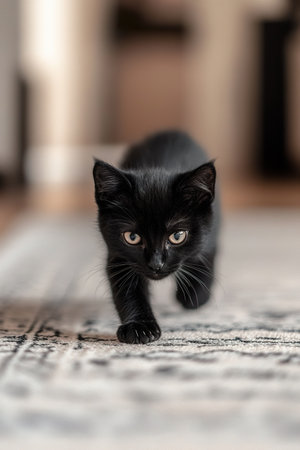 Curious black kitten exploring a cozy home environment.の素材