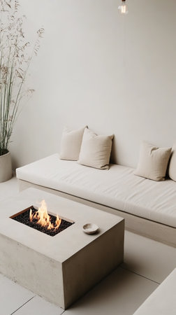 Minimalist outdoor patio with modern fire pit and beige seating.の素材