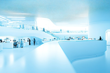 Modern office interior with futuristic design and open workspace.の素材