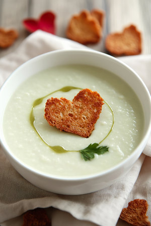 Creamy cauliflower soup with heart shaped crouton garnished with herbs on rustic wooden table.の写真素材