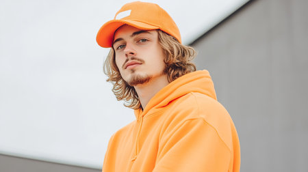 Young caucasian male in orange hoodie and cap with urban background.の素材