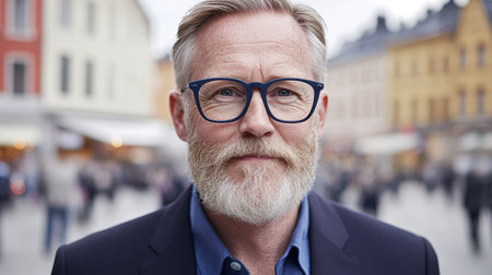 Mature caucasian male in glasses smiling outdoors on a busy city street.の素材