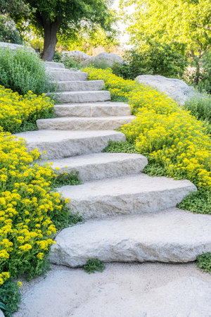 Stone steps surrounded by lush yellow flowers in sunlit garden.の素材