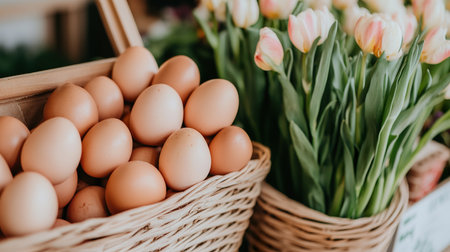 Fresh brown eggs and tulips in baskets at farmers market.の素材