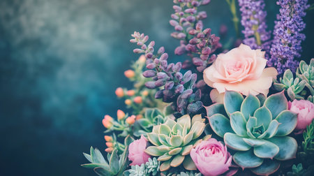 Colorful floral arrangement with succulents and roses close up.の素材