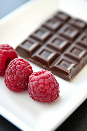 A square of dark chocolate is arranged next to three ripe raspberries on a clean white plate.の写真素材