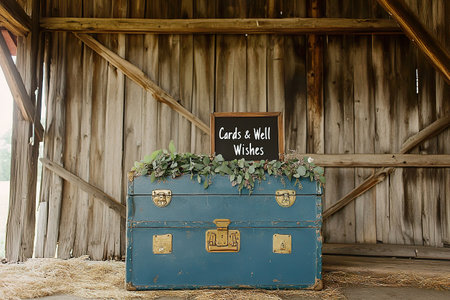 Box transformed into vintage suitcase with eucalyptus garland and sign Cards and Well Wishes.の写真素材