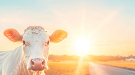 Close up of cow in sunset pasture with scenic countryside view.の素材