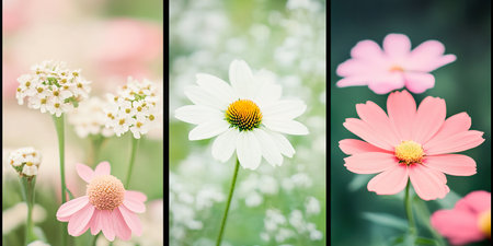 Trio of vibrant flowers white echinacea and pink blossoms.の素材