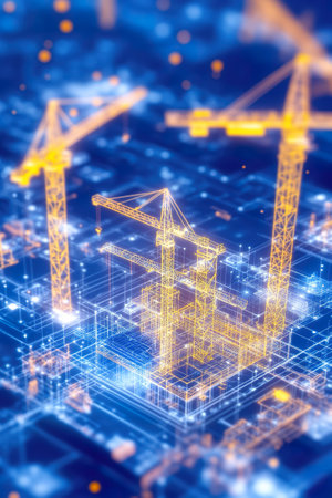 Futuristic digital construction concept with holographic cranes and structures.の素材