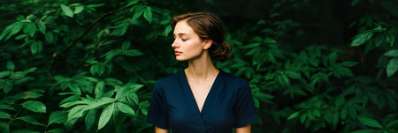 Young woman in blue dress amidst lush greenery.の素材