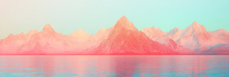 Vibrant colorful mountain range reflecting on calm water at sunrise.の素材