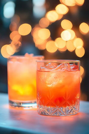 Close up of tropical summer cocktails with ice in glasses amid warm bokeh lights.の素材