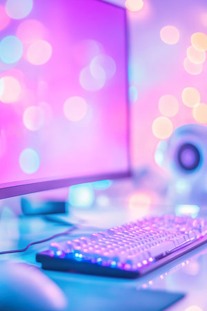 Vibrant Neon Computer Setup with RGB Keyboard and Blurred Bokeh Lights.の素材