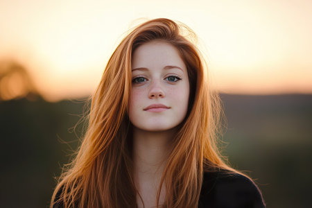 Attractive young woman with red hair outdoors at sunset, head and shoulders.の素材