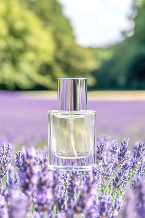 Fragrance Bottle Displayed Amidst Blooming Lavender Field Outdoors.の素材