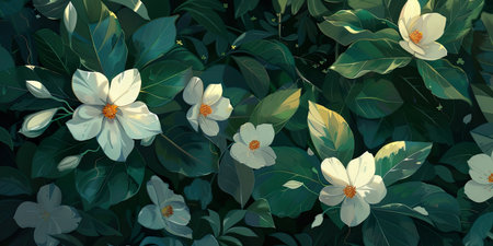 A vibrant floral arrangement featuring pristine white flowers nestled among lush green leafageの素材