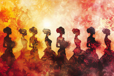 Silhouettes of women in elegant dresses against a vibrant abstract background, beauty contest.の素材